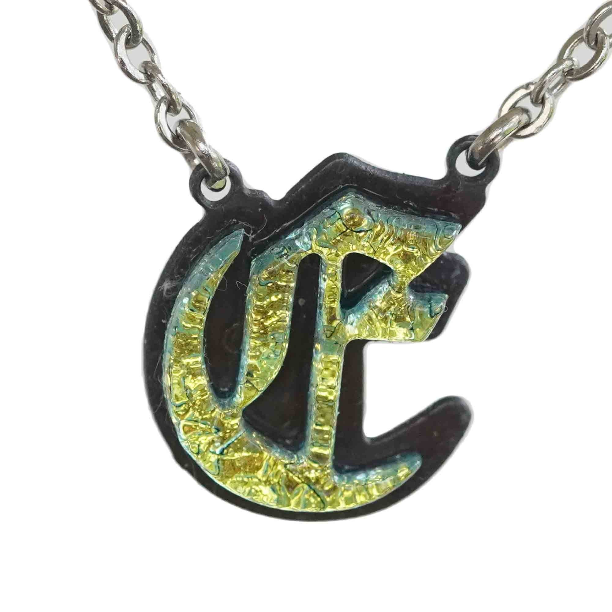 E - Initial letter Necklace Old English Font Gold color Fused Dichroic Glass on Stainless Steel base