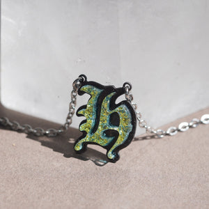 Initial letter Necklace H Old English Font Gold color Fused Dichroic Glass on a Stainless Steel base