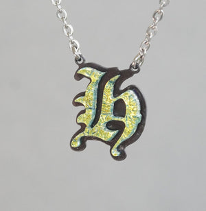 Initial letter Necklace H Old English Font Gold color Fused Dichroic Glass on a Stainless Steel base