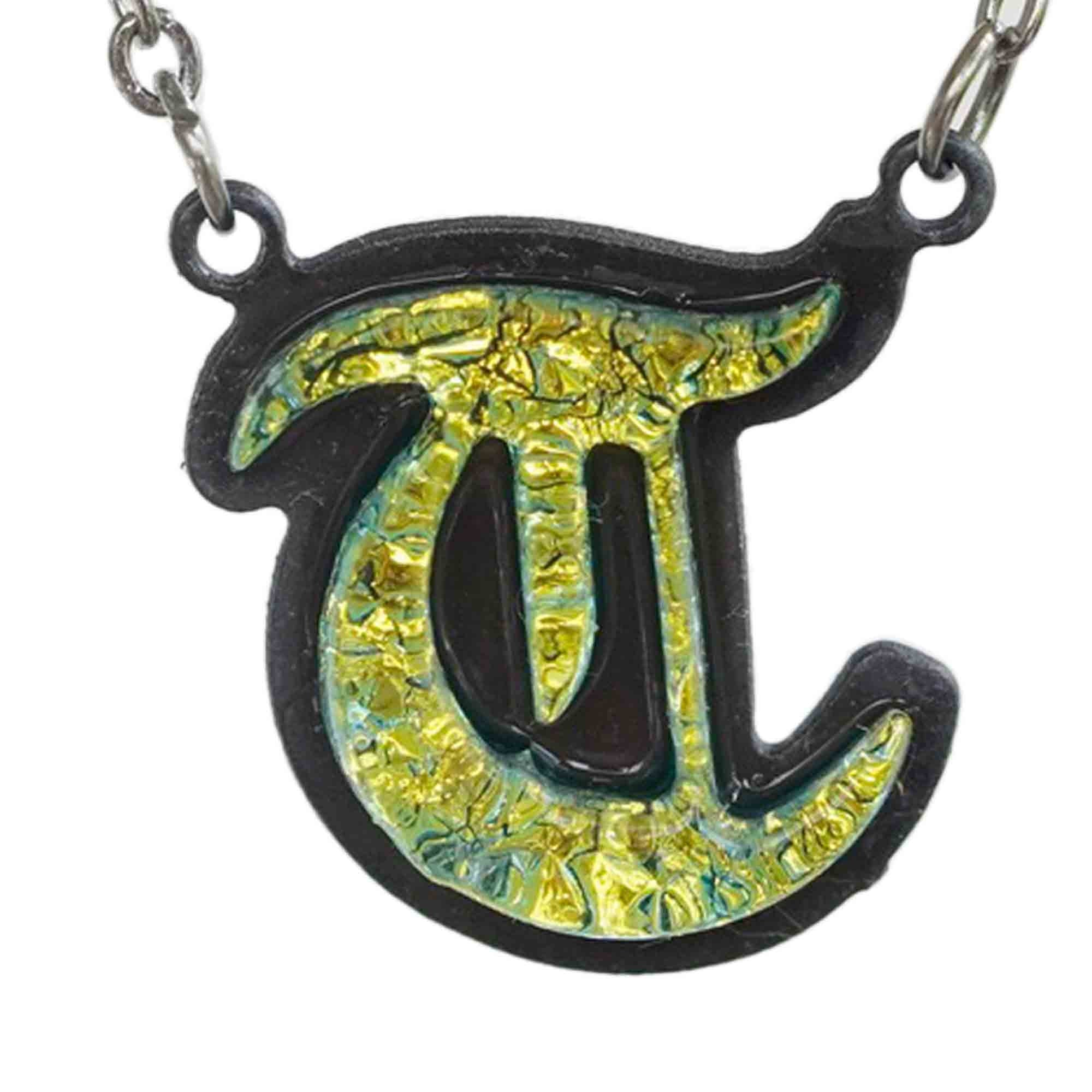 T Initial letter Necklace Old English Font Gold color Fused Dichroic Glass on a Stainless Steel base