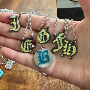 E - Initial letter Necklace Old English Font Gold color Fused Dichroic Glass on Stainless Steel base