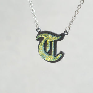 T Initial letter Necklace Old English Font Gold color Fused Dichroic Glass on a Stainless Steel base