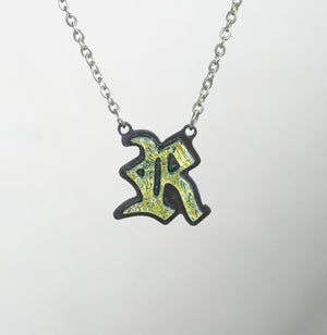 Initial letter Necklace R Old English Font Gold color Fused Dichroic Glass on a Stainless Steel base