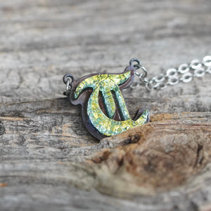 T Initial letter Necklace Old English Font Gold color Fused Dichroic Glass on a Stainless Steel base