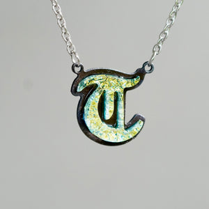 T Initial letter Necklace Old English Font Gold color Fused Dichroic Glass on a Stainless Steel base