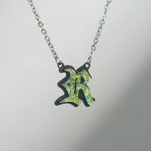 Initial letter Necklace R Old English Font Gold color Fused Dichroic Glass on a Stainless Steel base