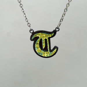 T Initial letter Necklace Old English Font Gold color Fused Dichroic Glass on a Stainless Steel base