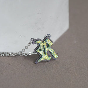 Initial letter Necklace R Old English Font Gold color Fused Dichroic Glass on a Stainless Steel base