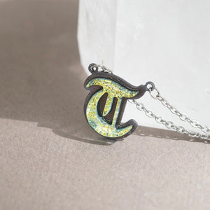 T Initial letter Necklace Old English Font Gold color Fused Dichroic Glass on a Stainless Steel base