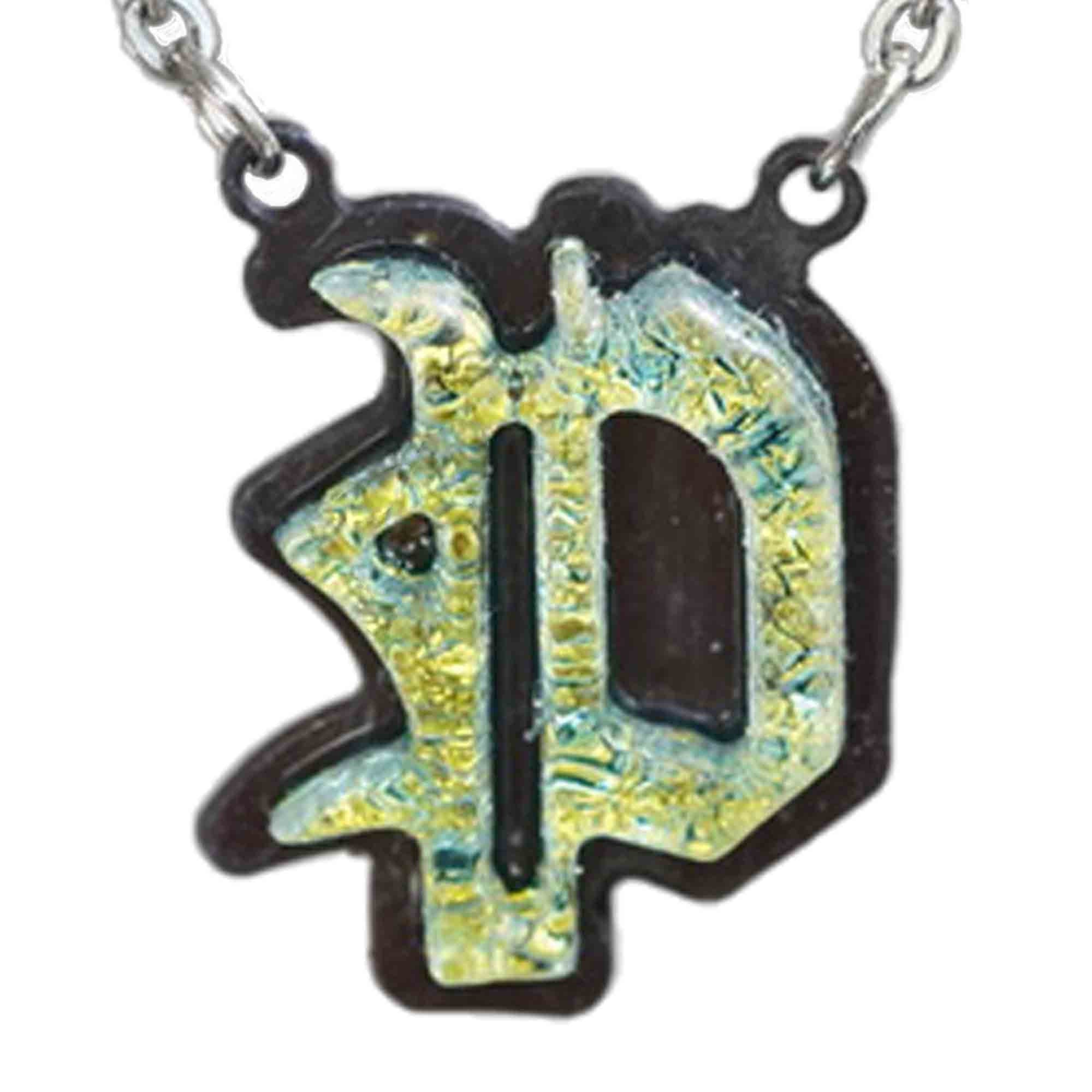 P  Initial letter Necklace Old English Font Gold color Fused Dichroic Glass on a Stainless Steel base