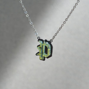P  Initial letter Necklace Old English Font Gold color Fused Dichroic Glass on a Stainless Steel base