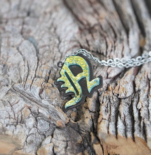 N - Initial letter Necklace Old English Font Gold color Fused Dichroic Glass on a Stainless Steel base