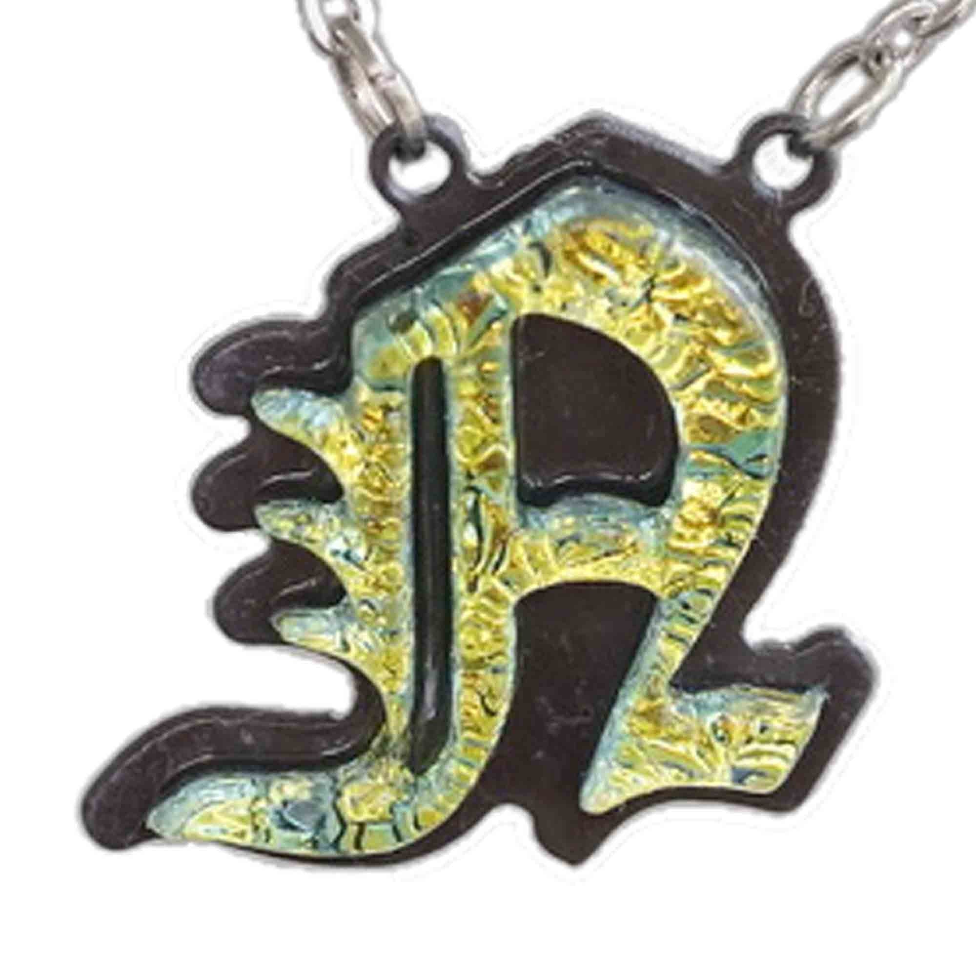 N - Initial letter Necklace Old English Font Gold color Fused Dichroic Glass on a Stainless Steel base
