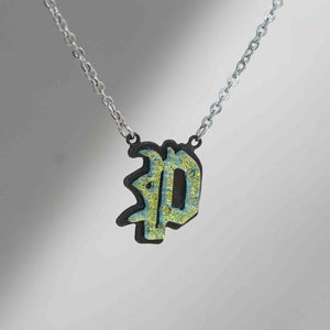 P  Initial letter Necklace Old English Font Gold color Fused Dichroic Glass on a Stainless Steel base