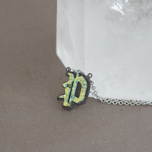 P  Initial letter Necklace Old English Font Gold color Fused Dichroic Glass on a Stainless Steel base