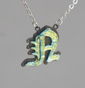 N - Initial letter Necklace Old English Font Gold color Fused Dichroic Glass on a Stainless Steel base