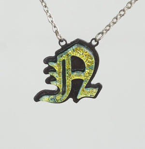 N - Initial letter Necklace Old English Font Gold color Fused Dichroic Glass on a Stainless Steel base