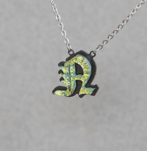 N - Initial letter Necklace Old English Font Gold color Fused Dichroic Glass on a Stainless Steel base