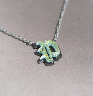 P  Initial letter Necklace Old English Font Gold color Fused Dichroic Glass on a Stainless Steel base