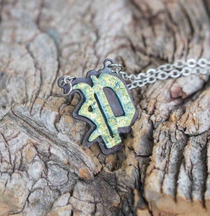 P  Initial letter Necklace Old English Font Gold color Fused Dichroic Glass on a Stainless Steel base