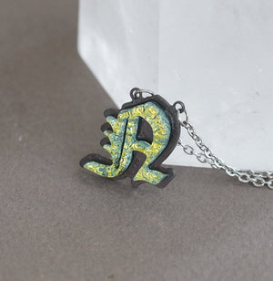 N - Initial letter Necklace Old English Font Gold color Fused Dichroic Glass on a Stainless Steel base