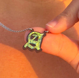 P  Initial letter Necklace Old English Font Gold color Fused Dichroic Glass on a Stainless Steel base