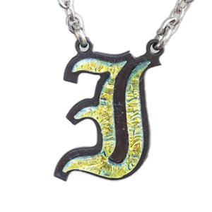 I - Initial letter Necklace Old English Font Gold color Fused Dichroic Glass on a Stainless Steel base