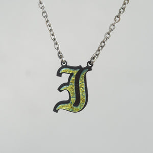 I - Initial letter Necklace Old English Font Gold color Fused Dichroic Glass on a Stainless Steel base