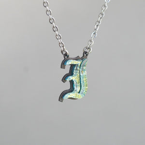 I - Initial letter Necklace Old English Font Gold color Fused Dichroic Glass on a Stainless Steel base