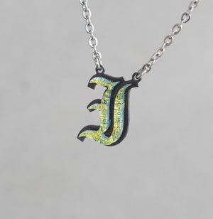 I - Initial letter Necklace Old English Font Gold color Fused Dichroic Glass on a Stainless Steel base