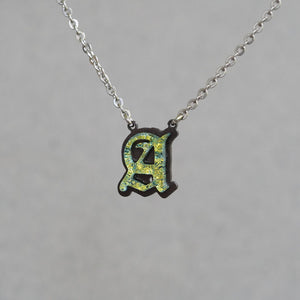 Initial letter Necklace A Old English Font Gold color Fused Dichroic Glass on a Stainless Steel base