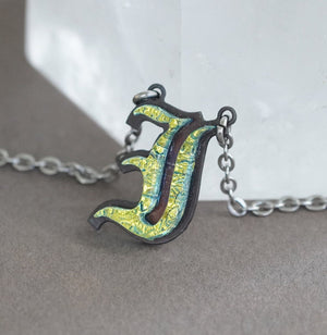 I - Initial letter Necklace Old English Font Gold color Fused Dichroic Glass on a Stainless Steel base