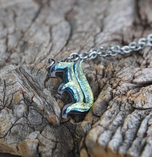 I - Initial letter Necklace Old English Font Gold color Fused Dichroic Glass on a Stainless Steel base