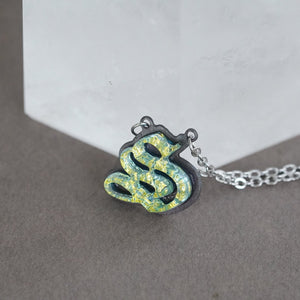 Initial letter Necklace S Old English Font Gold color Fused Dichroic Glass on a Stainless Steel base