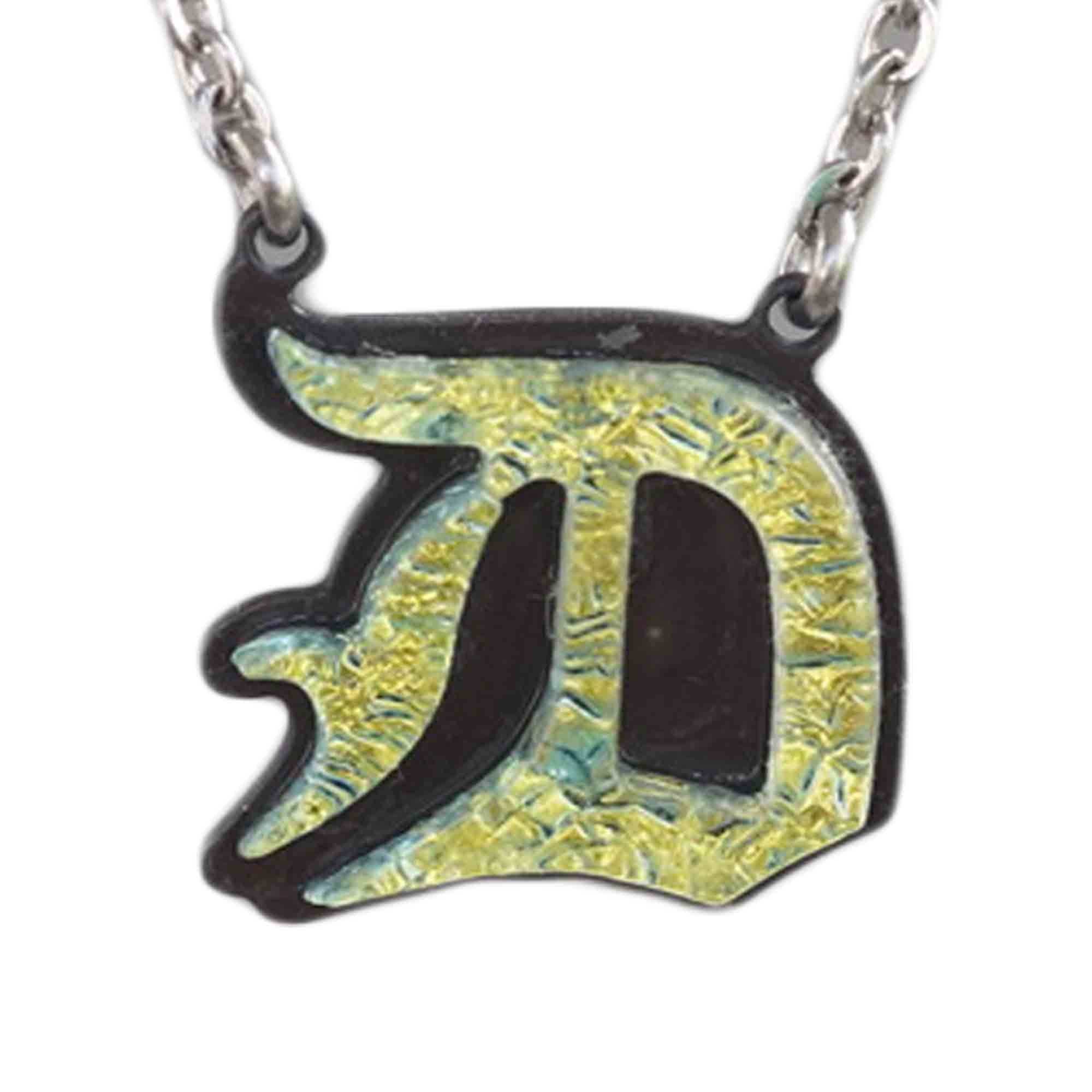 D - Initial letter Necklace Old English Font Gold color Fused Dichroic Glass on Stainless Steel base