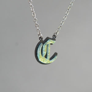 C - Initial letter Necklace Old English Font Gold color Fused Dichroic Glass on Stainless Steel base