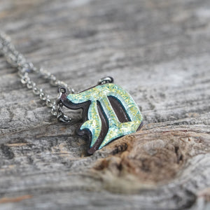 D - Initial letter Necklace Old English Font Gold color Fused Dichroic Glass on Stainless Steel base