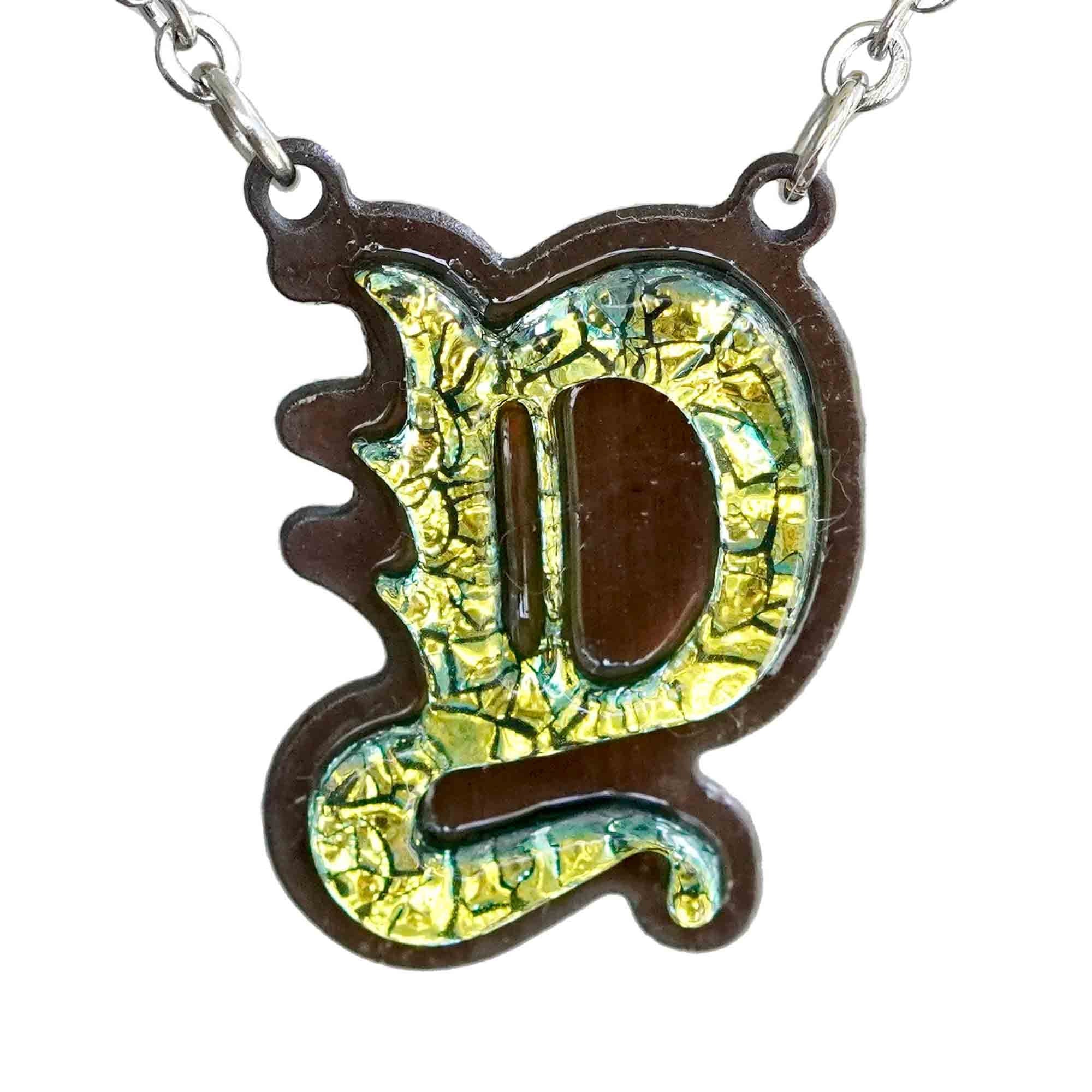 Initial letter Necklace Y Old English Font Gold color Fused Dichroic Glass on a Stainless Steel base