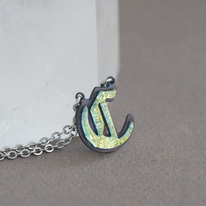 C - Initial letter Necklace Old English Font Gold color Fused Dichroic Glass on Stainless Steel base