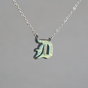 D - Initial letter Necklace Old English Font Gold color Fused Dichroic Glass on Stainless Steel base