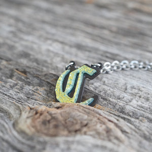 C - Initial letter Necklace Old English Font Gold color Fused Dichroic Glass on Stainless Steel base