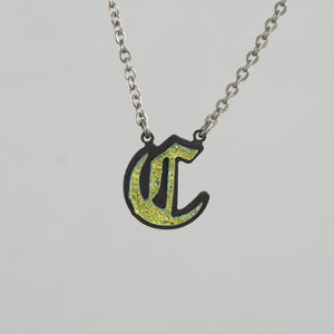 C - Initial letter Necklace Old English Font Gold color Fused Dichroic Glass on Stainless Steel base