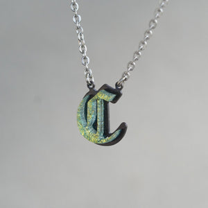 C - Initial letter Necklace Old English Font Gold color Fused Dichroic Glass on Stainless Steel base