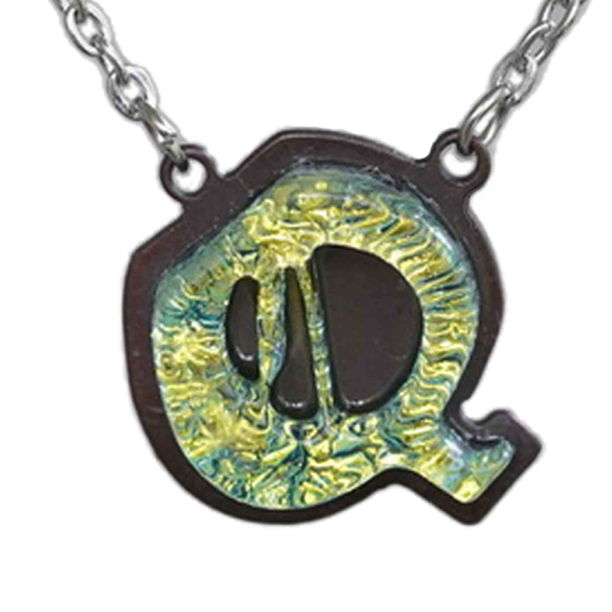 Initial letter Necklace Q Old English Font Gold color Fused Dichroic Glass on a Stainless Steel base