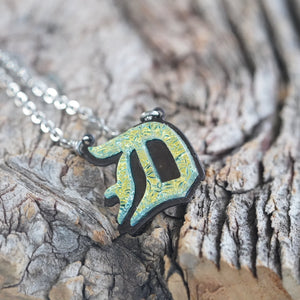 D - Initial letter Necklace Old English Font Gold color Fused Dichroic Glass on Stainless Steel base