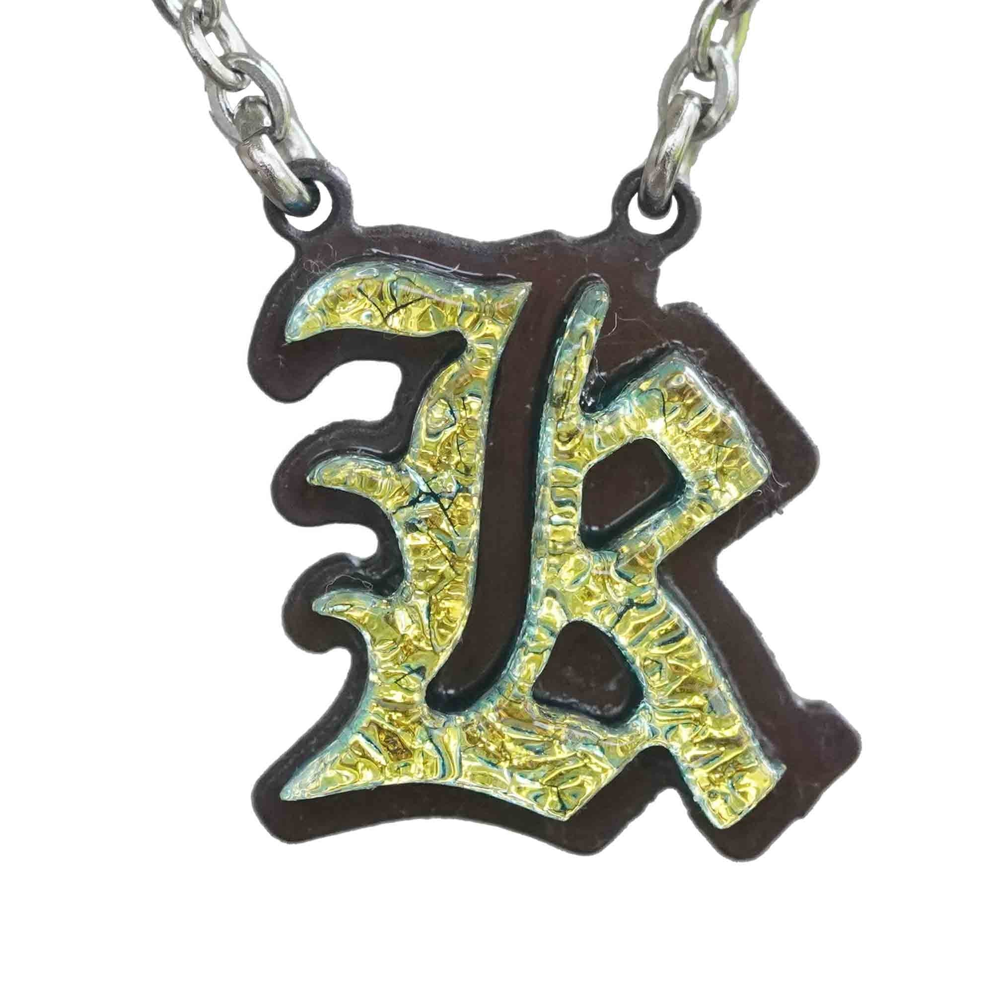 Initial letter Necklace K Old English Font Gold color Fused Dichroic Glass on a Stainless Steel base