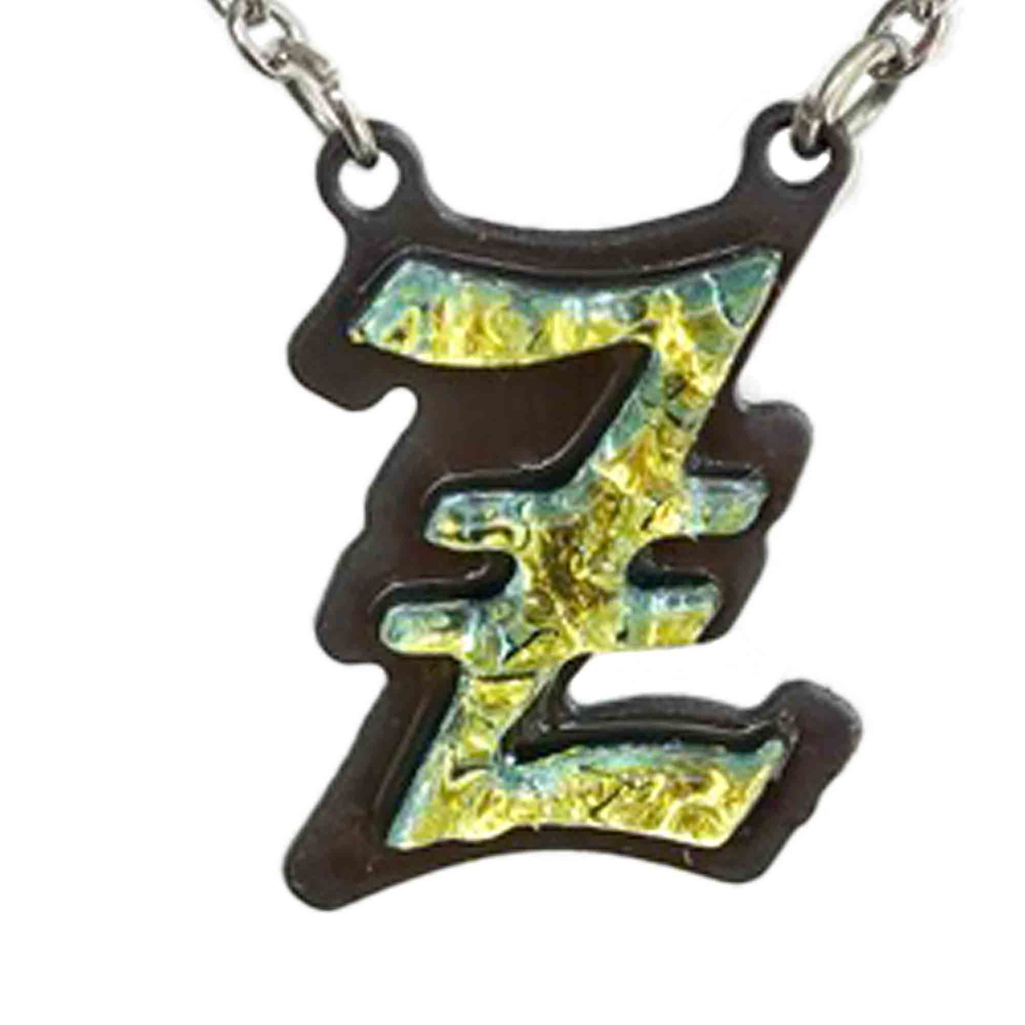 Z  Initial letter Necklace Old English Font Gold color Fused Dichroic Glass on a Stainless Steel base