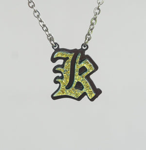 Initial letter Necklace K Old English Font Gold color Fused Dichroic Glass on a Stainless Steel base