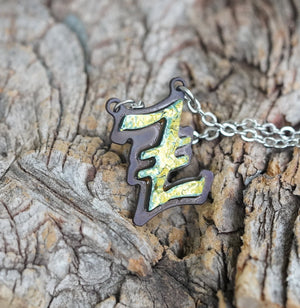 Z  Initial letter Necklace Old English Font Gold color Fused Dichroic Glass on a Stainless Steel base