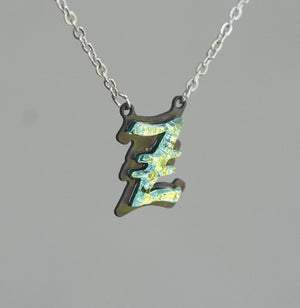 Z  Initial letter Necklace Old English Font Gold color Fused Dichroic Glass on a Stainless Steel base